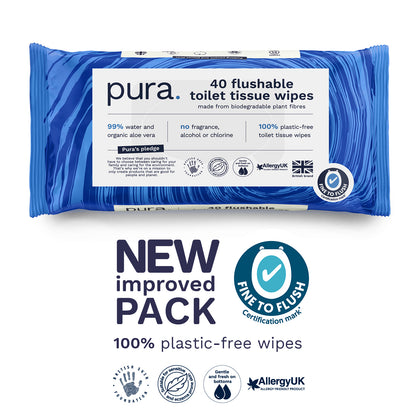 Packaging of Pura flushable toilet tissue wipes, highlighting the product's features such as being plastic-free and biodegradable, and receiving certifications from AllergyUK and WaterUK.