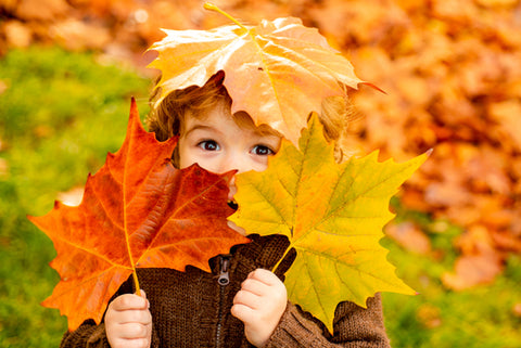 child with autumn leaves