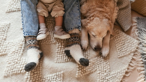 cuddles with dog and baby