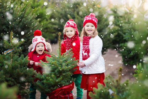 Children with real Christmas trees in the snow