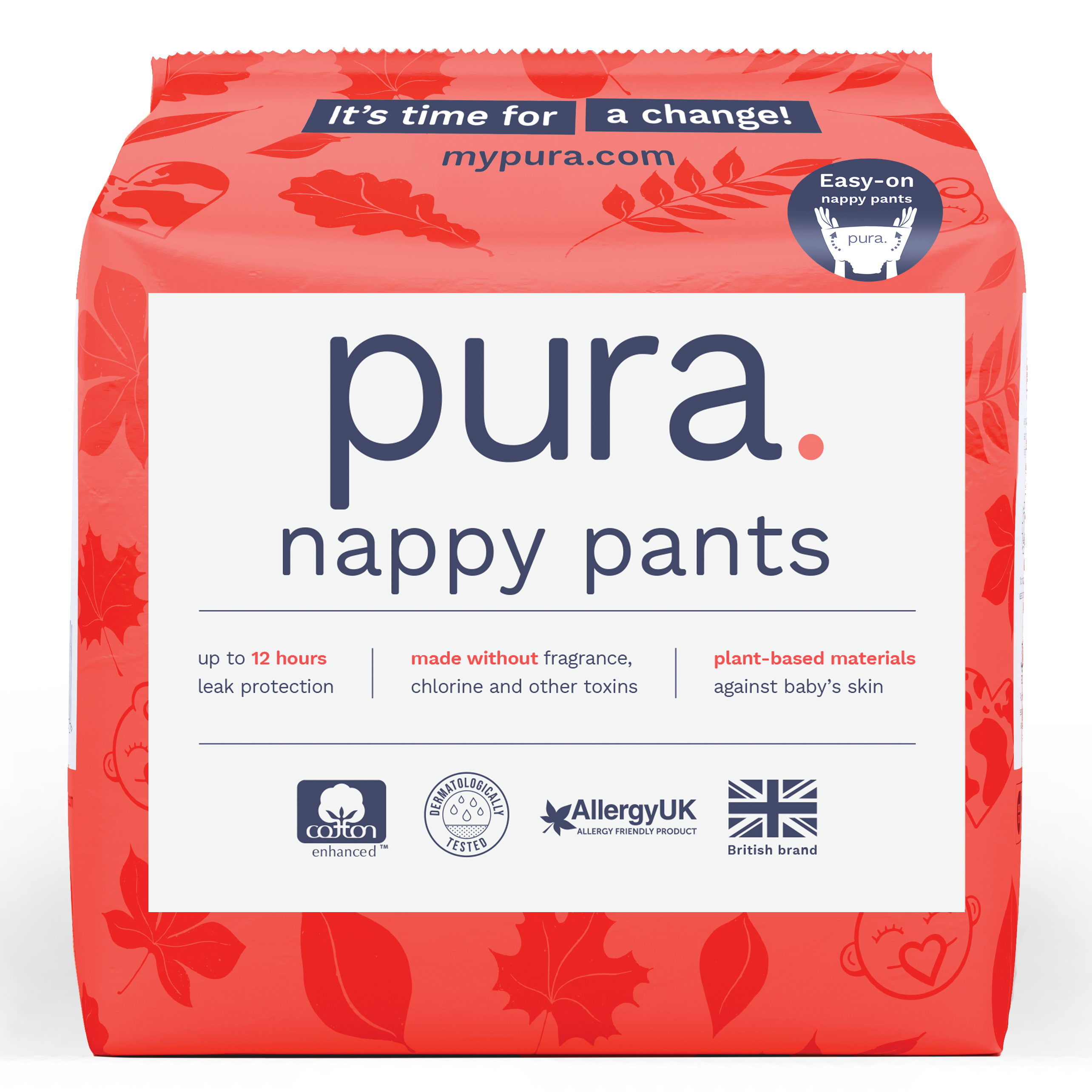 Pura nappy pants packaging with branding and product information on a white background