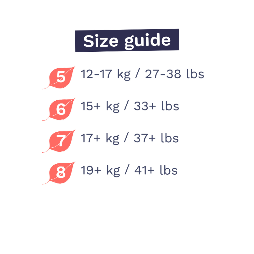Pura nappy pants size guide detailing the different weight recommendations for each size of nappy pants